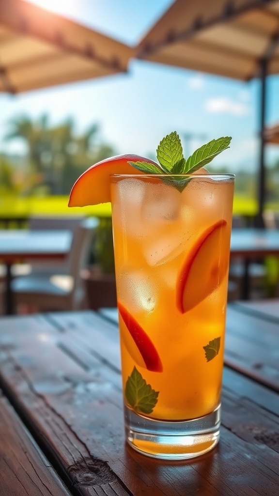 A refreshing Peach Bourbon Smash cocktail with peach slices and mint garnish on a rustic table.